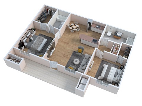 a 3d floor plan of a home with a bedroom and a living room